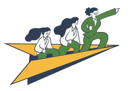 紙飛行機に乗り飛ぶチームのイラスト