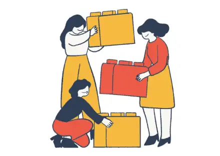 力を合わせてブロックを積み重ねるイラスト